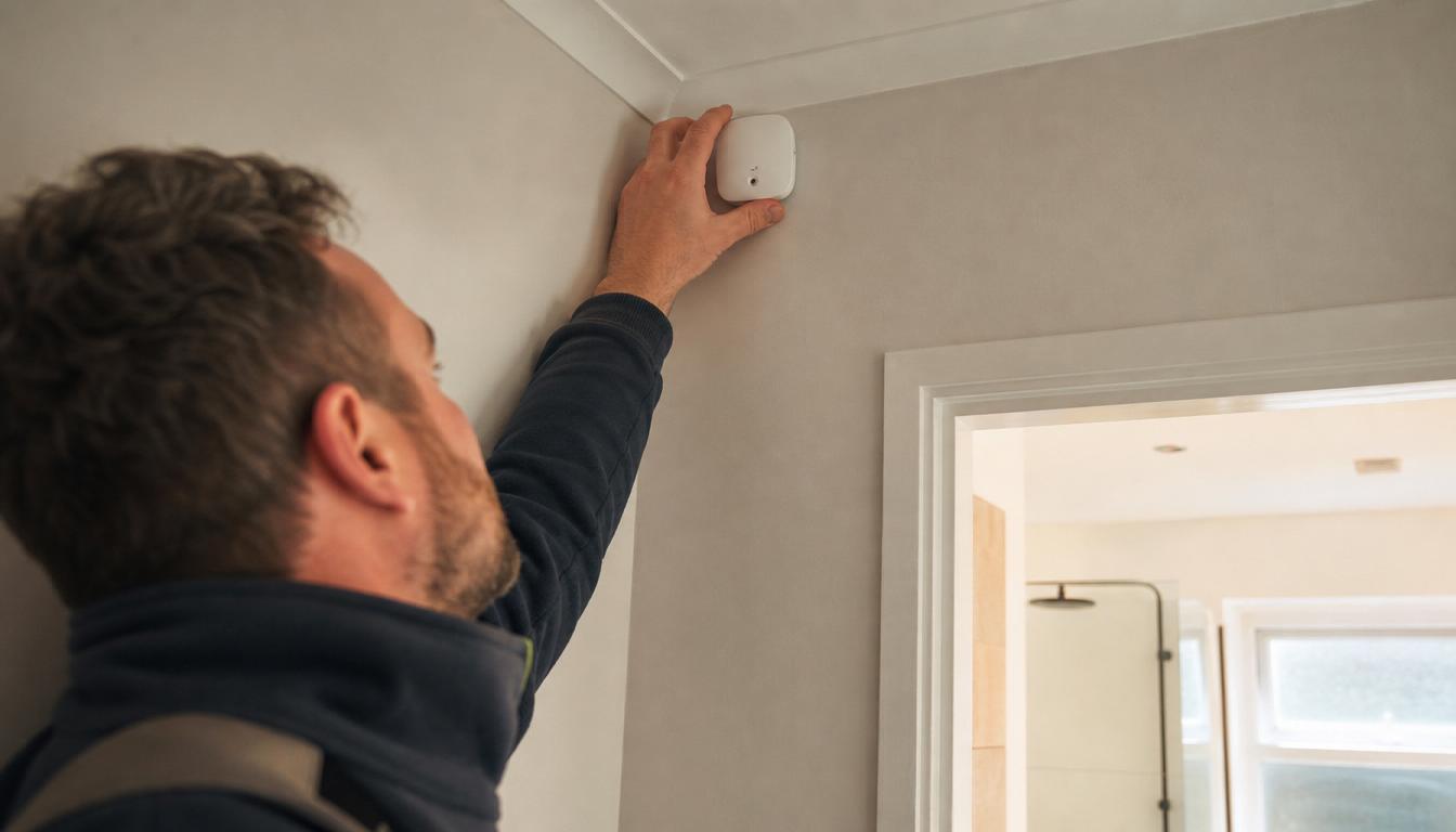 A discreet MouldWatch sensor mounted near a bathroom or kitchen ceiling, soft home lighting, occupied home feel.