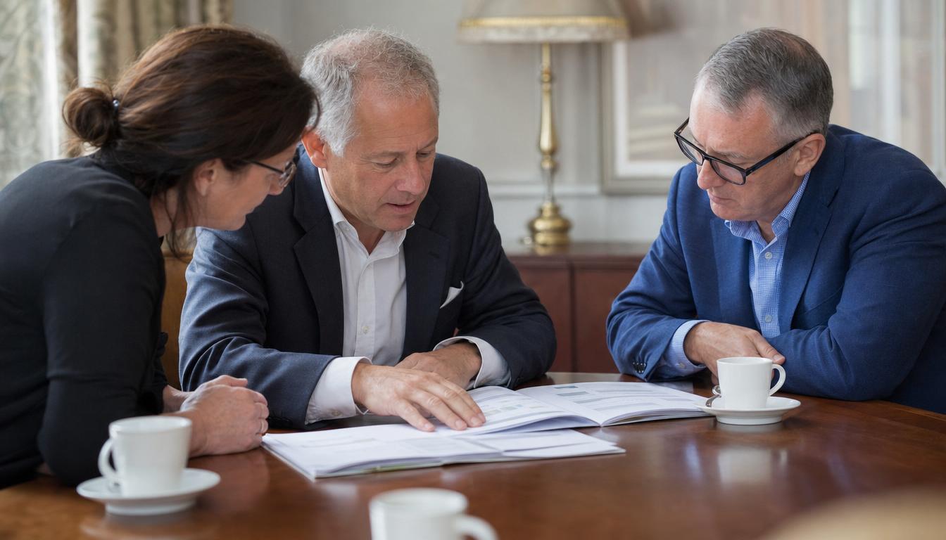 Housing-association directors reviewing a printed quarterly board pack together at the table.
