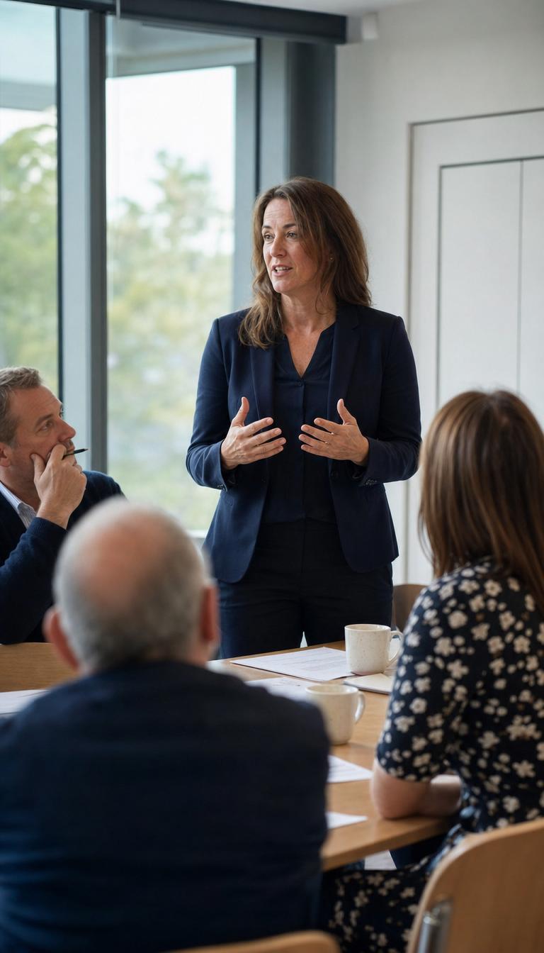 A confident housing-association leader briefing colleagues around a boardroom table in soft daylight