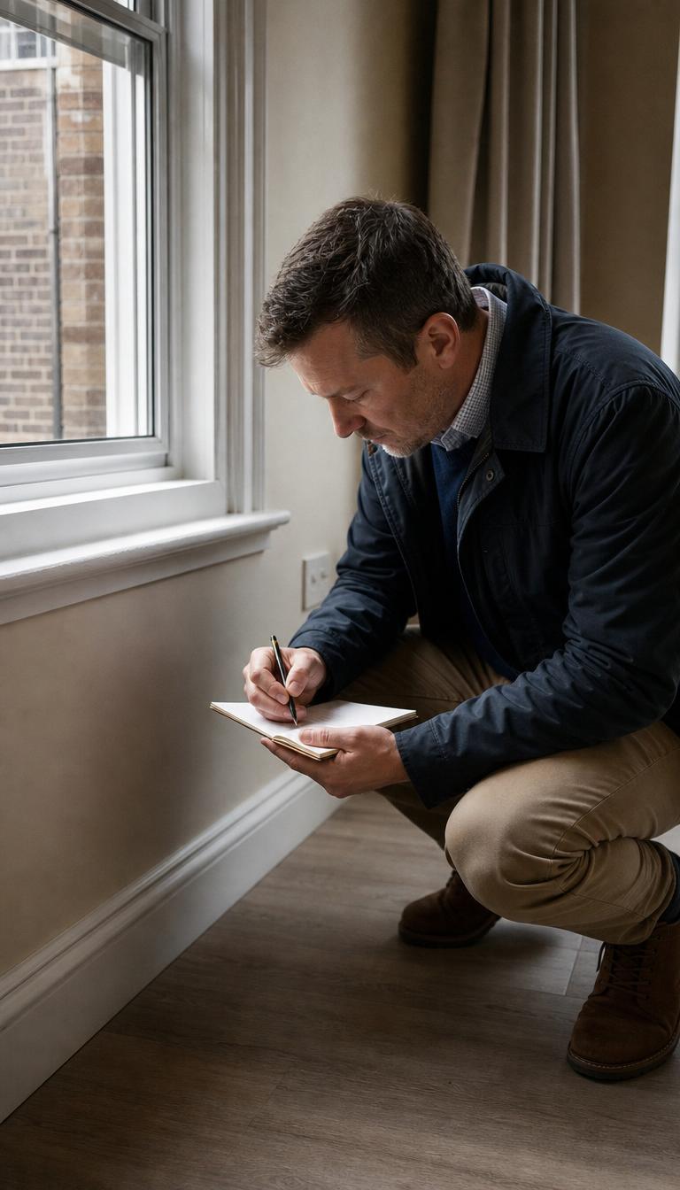 A compliance officer crouched by a window, noting a home's condition in a paper notebook
