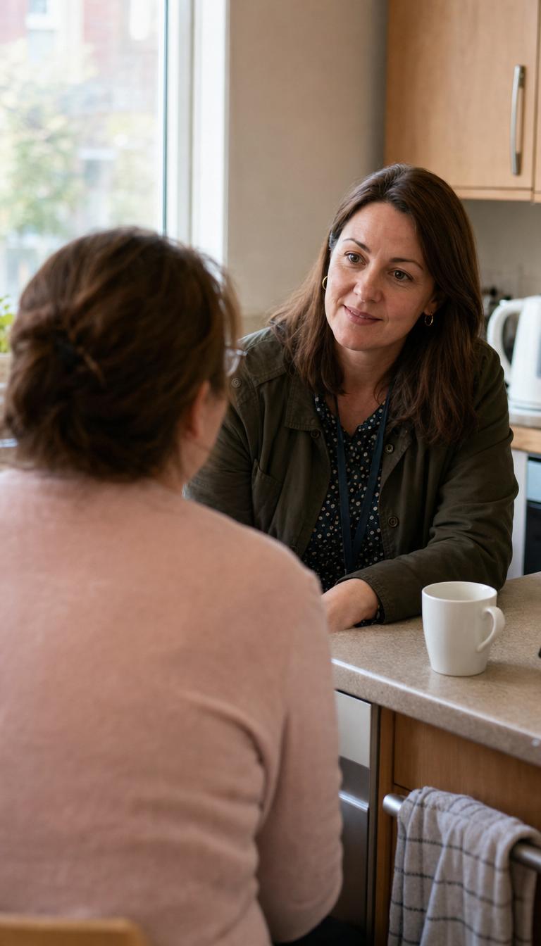 A housing officer listening warmly to a resident in the doorway of their home