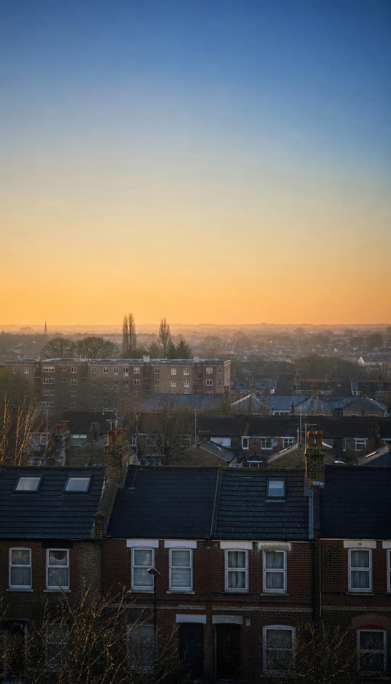 Soft dawn light over the rooftops of a UK social-housing neighbourhood - the regulatory horizon ahead
