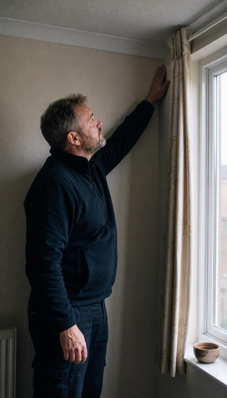 A MouldWatch field surveyor examining the wall by a window in a modest UK home, finding the cause of damp