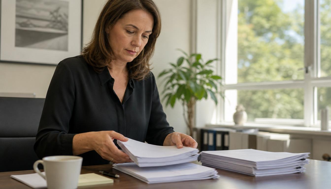 A company secretary preparing a printed board pack and agenda before a meeting.