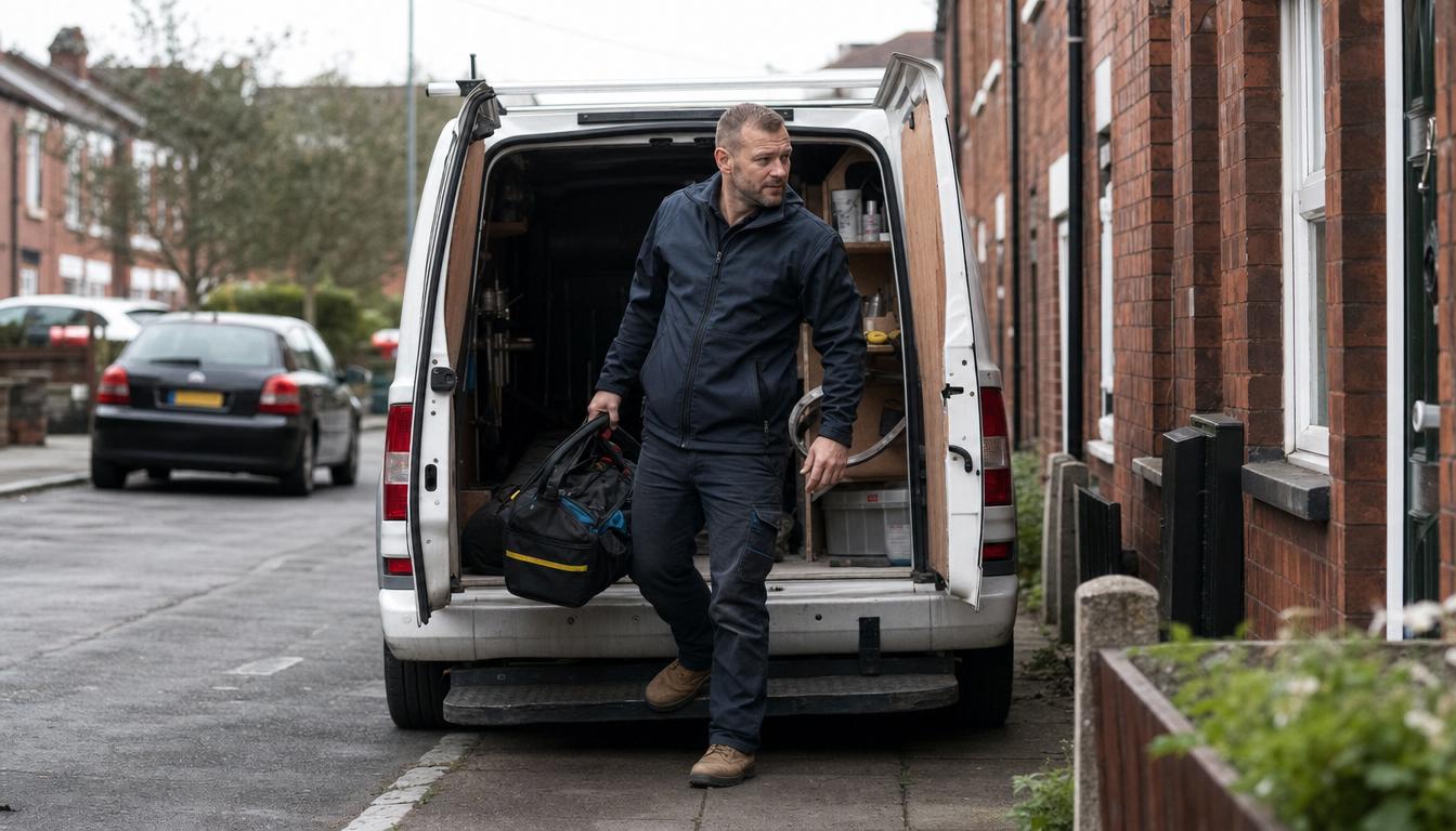 A field engineer lifting a toolbag from a works van on a street of brick social housing.