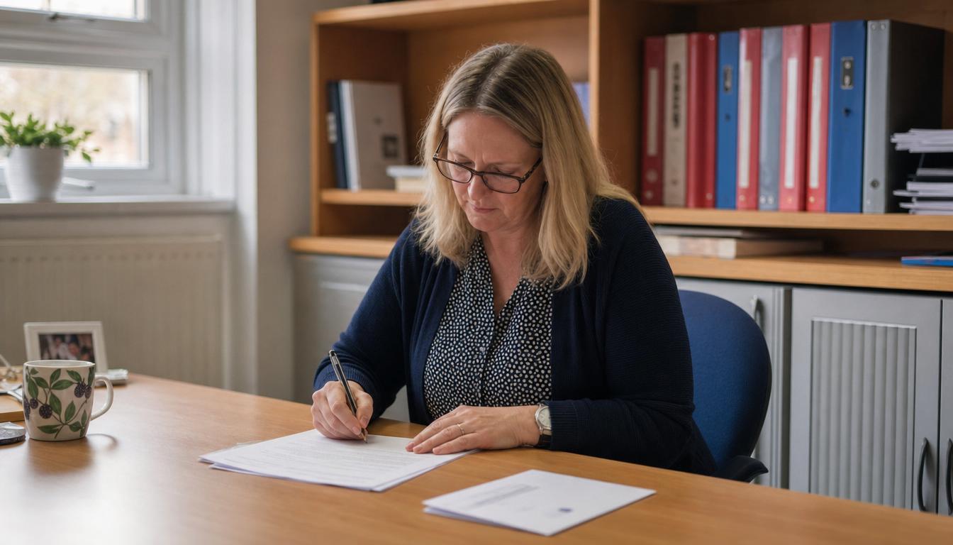 A housing officer composing a warm, respectful letter to a resident at a desk.