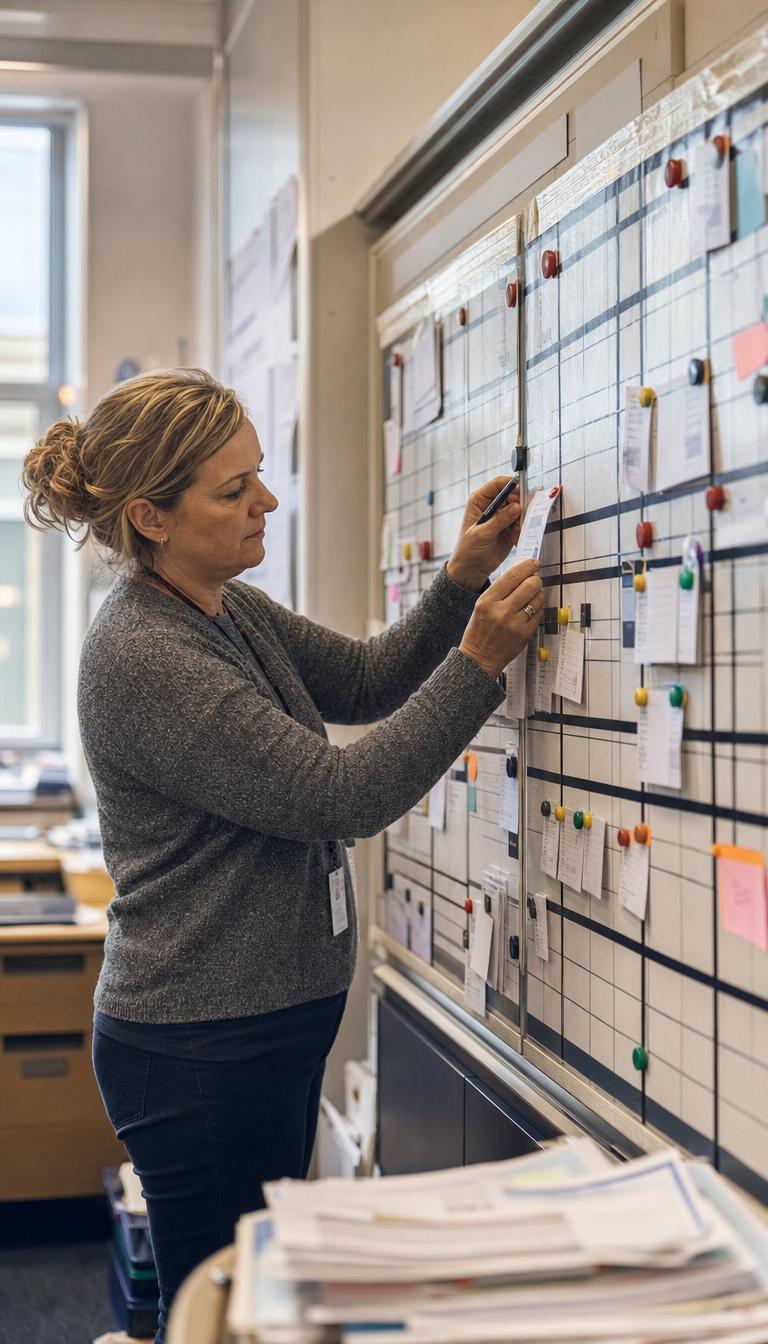 A repairs coordinator organising the day's damp-and-mould visits on a wall job planner.