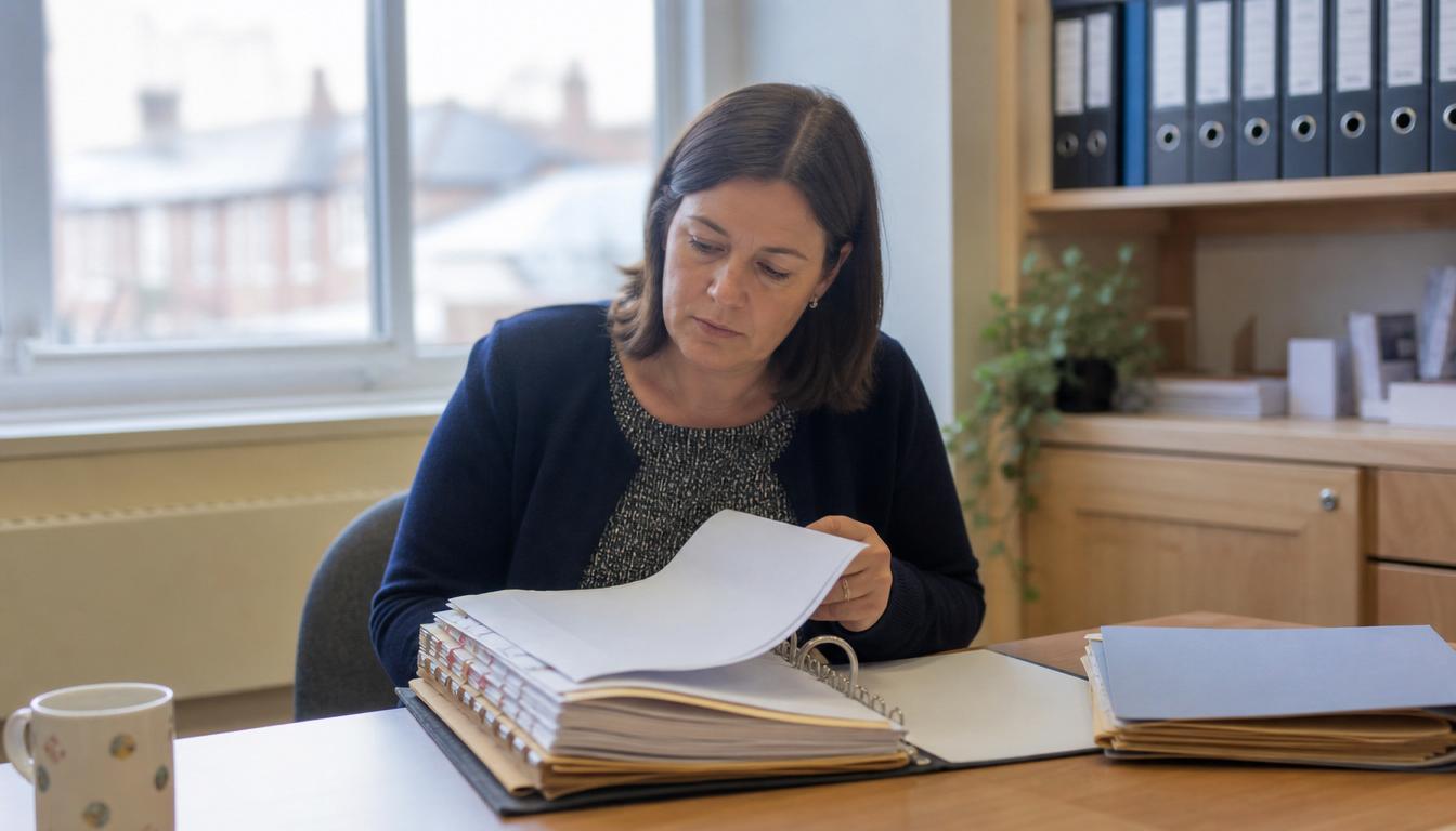 A compliance officer reviewing a single home's property file - a tabbed binder of records.