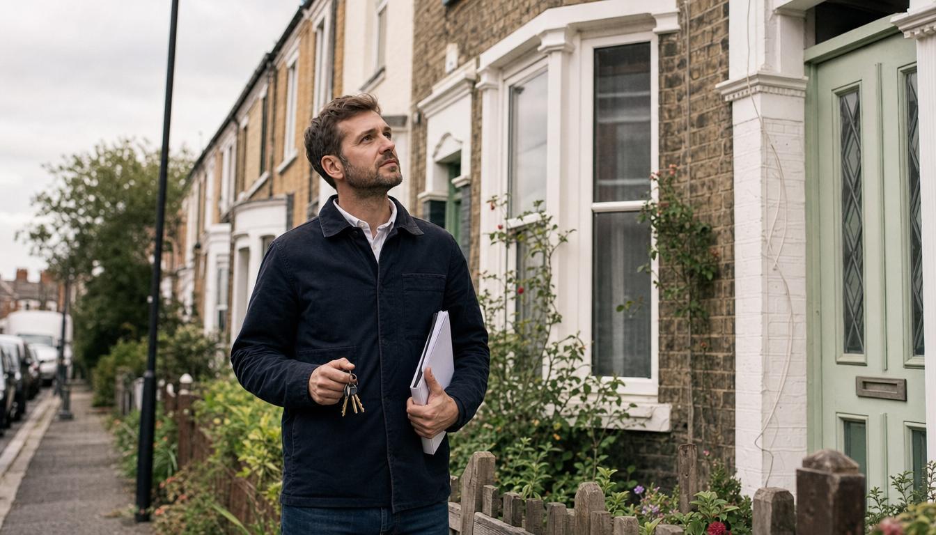 A private landlord with keys and a checklist outside a rented terraced house, getting ready.