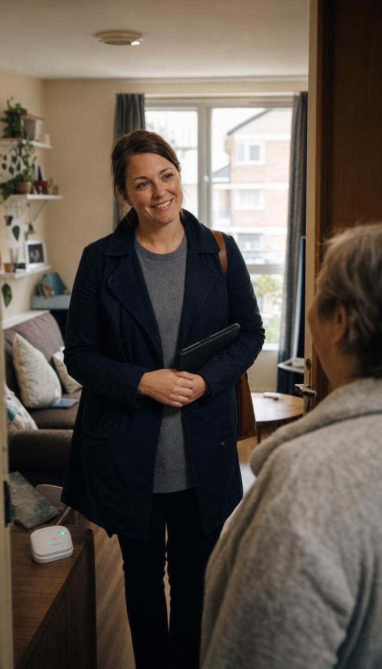 A housing-services officer with a tablet talking warmly with a resident in their home, a small MouldWatch sensor on the sideboard nearby.