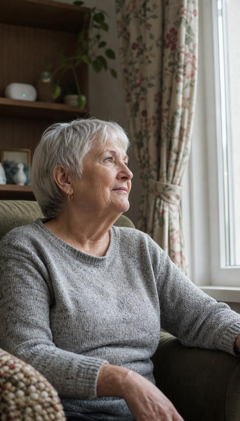 A social-housing resident sitting calmly by a window at home, a small discreet MouldWatch sensor on a shelf behind them.