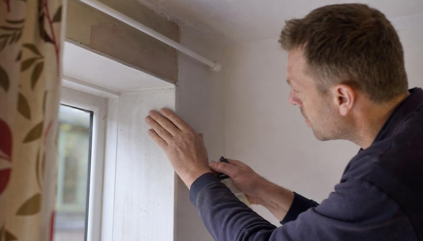 A remediation specialist inspecting and treating the cause of damp around a window in a UK home.