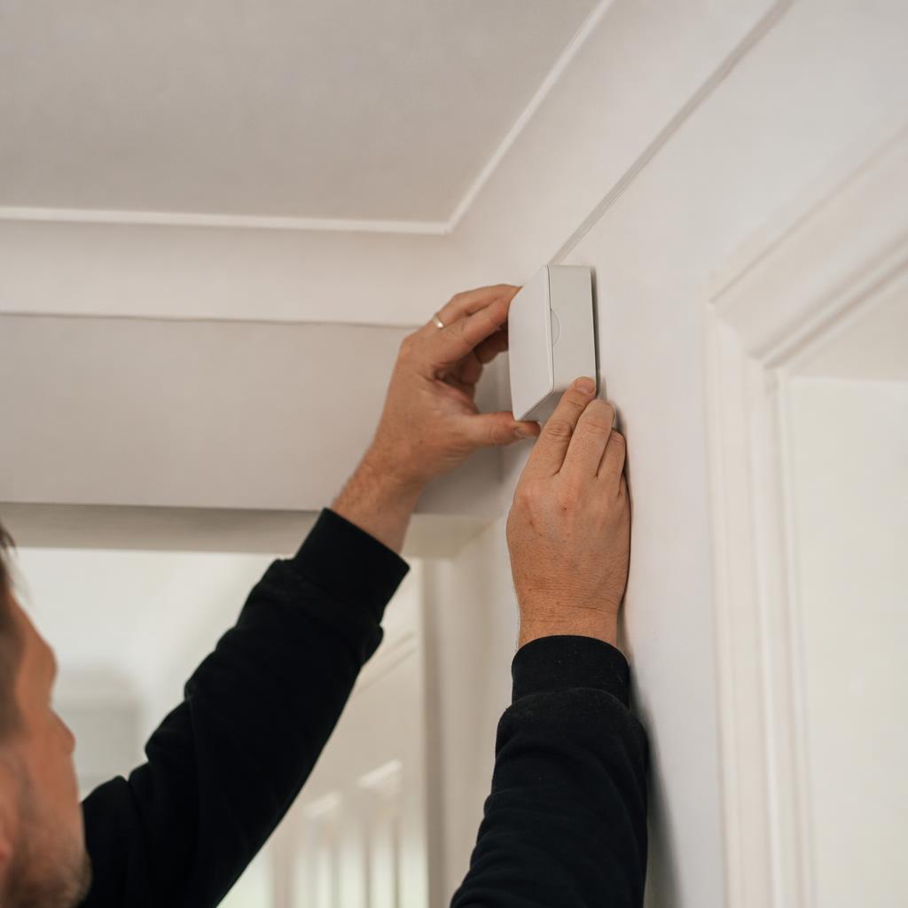 A small discreet white MouldWatch sensor being fitted high on the wall of a UK home.
