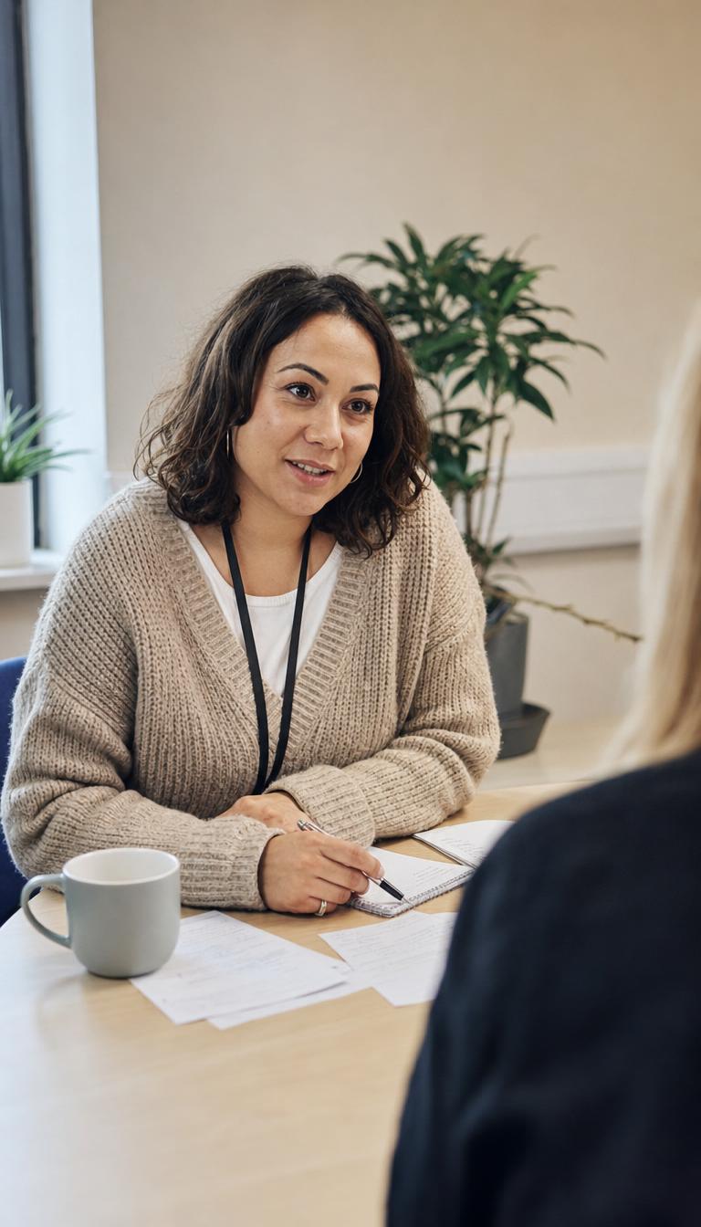 A housing officer in a quiet office, mid-conversation, warm and attentive.