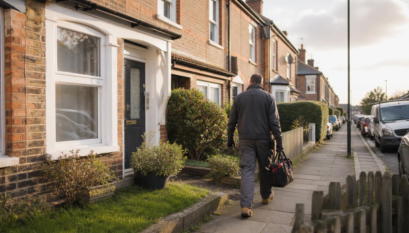 A quiet UK social-housing street of brick homes in soft morning light, a field worker walking up to a front door with a toolbag.